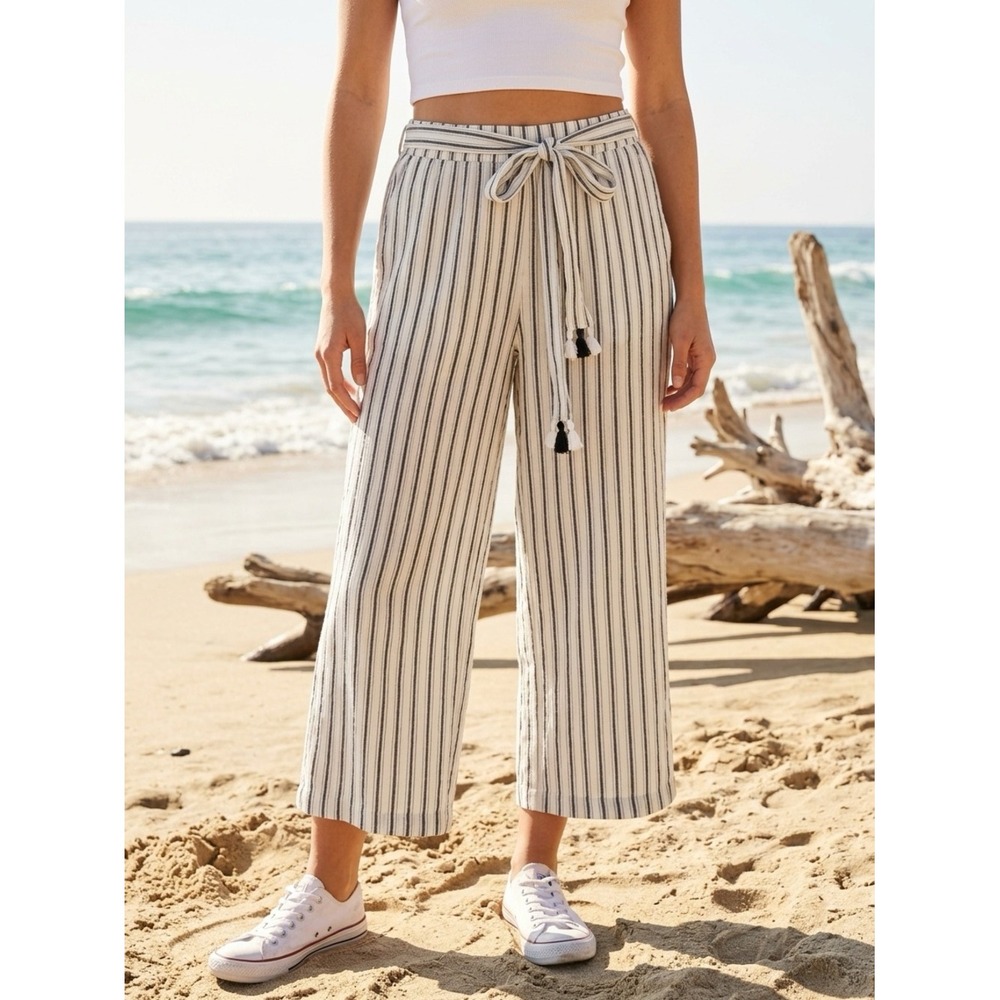 Lilka Anthropologie Striped Wide Leg Crop Pants Black White Tassel Tie Womens M